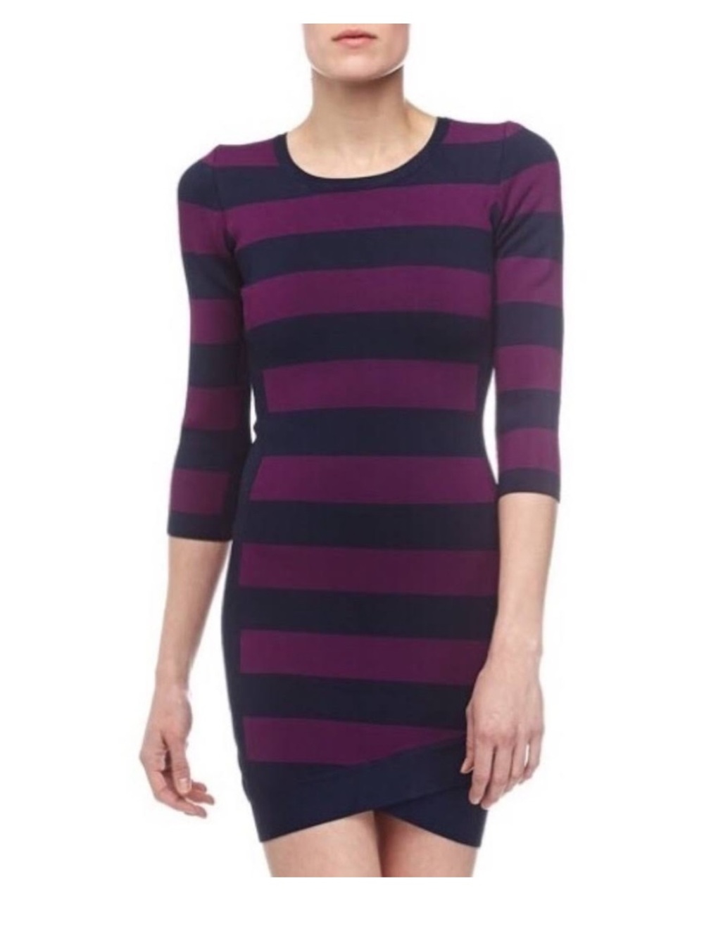 BCBGMaxAzria Navy and Purple Striped Long Sleeve Sheath Dress